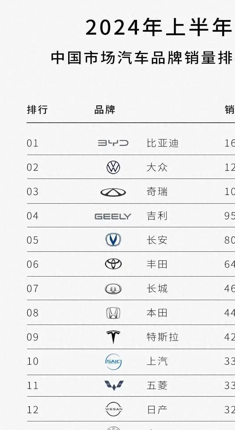 2024 年上半年中国汽车市场自主品牌销量亮眼，比亚迪等品牌表现优异