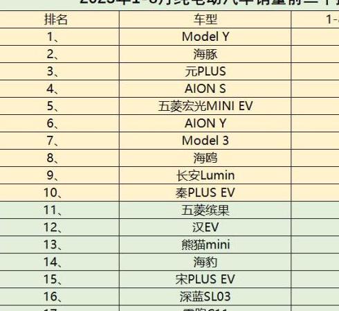 1-8 月纯电动车销量排名出炉，特斯拉 Model Y 遥遥领先，海豚位居第二